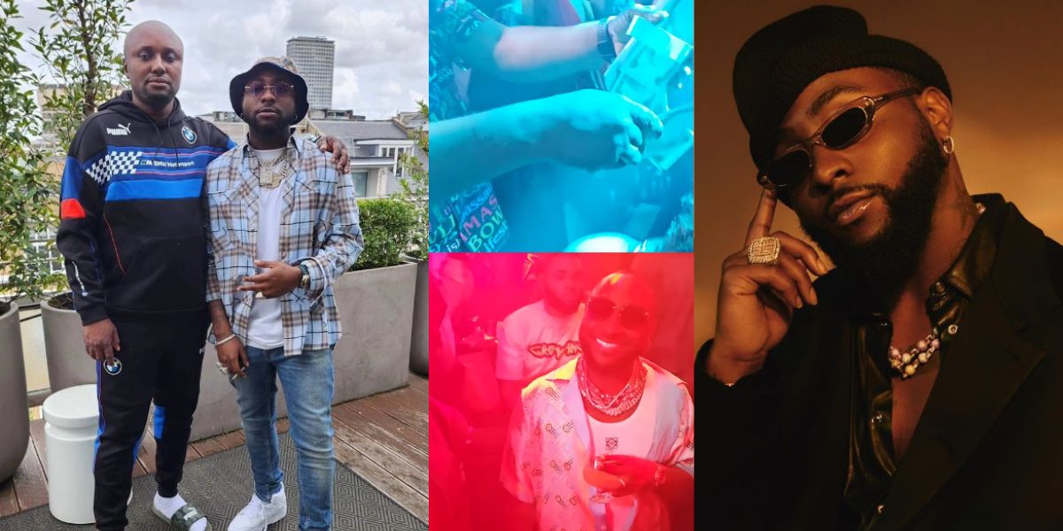 Itami David Rapper Singer Davido smiles brightly as his aide Israel DMW makes money rain ...